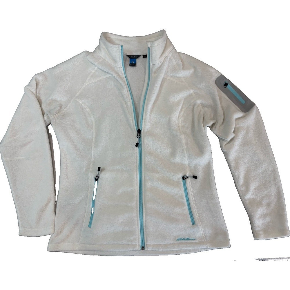 Eddie Bauer Polartec Fleece Jacket Womens Large L Full Zip White Teal Pockets
